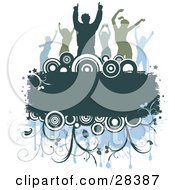 Poster, Art Print Of Group Of Silhouetted Blue And Green Dancers Over A Text Box With Circles And Vines