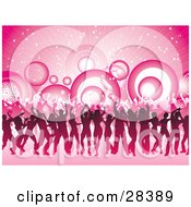 Clipart Illustration Of A Crowded Party Of Dancers Silhouetted Against A Background Of Circles On Pink