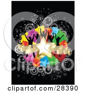Poster, Art Print Of Five Black Silhouetted Dancers On A Cluster Of Colorful Stars With Gray Circles On A Black Background