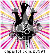 Clipart Illustration Of Three Black Silhouetted Dancers On A Grunge Circle With White And Black Circles Over A Bursting Colorful Background