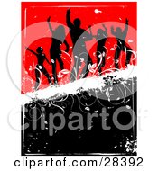 Poster, Art Print Of Five Black Silhouetted Dancers On A White Grunge Bar Over A Black And Red Background