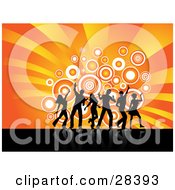 Poster, Art Print Of Black Dancers Silhouetted Against Circles Over A Bursting Orange And Yellow Background