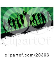Poster, Art Print Of Ten Black Silhouetted Dancers On A Grunge Text Bar Over A White Corner With A Bursting Green Background