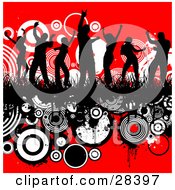 Poster, Art Print Of Seven Black Silhouetted Dancers Dancing In Grass On A Grunge Background Of White And Black Circles Over Red