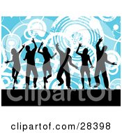 Poster, Art Print Of Six Black Dancers Silhouetted Against A Blue Background With White Grunge Circles