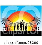 Poster, Art Print Of Black Dancers Silhouetted Against The Sunset Dancing On A Tropical Beach Near Palm Trees