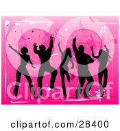 Clipart Illustration Of Five Black Silhouetted Dancers Over A Pink Background With Grunge Texture And White Lines