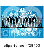 Poster, Art Print Of Fourteen Black Dancer Silhouettes On A Black Line Across A Blue Background With White And Blue Circles And Splatters
