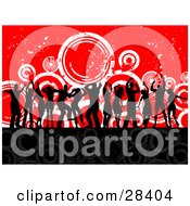 Poster, Art Print Of Black Silhouetted Dancers At A Party Over A Black And Red Background With Gray And White Circles