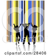 Poster, Art Print Of Three Black Silhouetted Dancers On A White Surface Over A Vertical Brown Blue Yellow And White Background Of Stripes