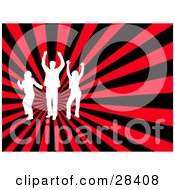 Clipart Illustration Of Three White Silhouetted Dancers Over A Bursting Red And Black Background
