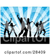 Poster, Art Print Of Three Couples Silhouetted On A Dance Floor Over A Bursting Sparkly Blue Background