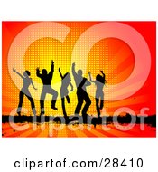 Poster, Art Print Of Five Black Silhouetted Dancers On A Black Bar Over A Bursting Orange And Red Background