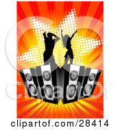 Poster, Art Print Of Two Black Silhouetted Dancers Dancing On Speakers Over A Bursting Orange And Red Background With A Star