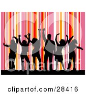 Clipart Illustration Of Black Silhouetted Dancers Dancing Over A Vertical Pink Red Purple And White Striped Background