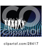 Clipart Illustration Of Six White Silhouetted Dancers On A Dotted Blue Wave Over Black
