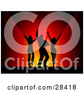 Clipart Illustration Of Three Black Silhouetted Dancers Under Read And Orange Spotlights
