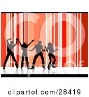 Poster, Art Print Of Four Black Silhouetted Dancers Over A Vertical Striped Red Orange And White Background