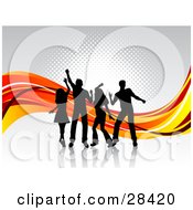 Poster, Art Print Of Four Black Silhouetted Dancers On A White Surface With Waves Of Orange And Red