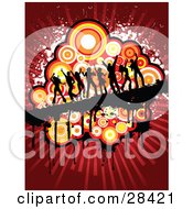 Poster, Art Print Of Black Silhouetted Dancers On A Dripping Black Bar Over A Circle Cluster On A Bursting Red Background