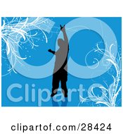 Poster, Art Print Of Black Silhouetted Man Gesturing A Rock On Sign Over A Blue Background With White Vines