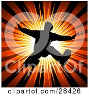 Poster, Art Print Of Black Silhouetted Man Holding His Arms Out And Jumping Over A Bursting Red Background