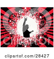 Poster, Art Print Of Black Silhouetted Man Flashing A Rock On Hand Gesture In A White Circle Over A Bursting Black And Red Grunge Background