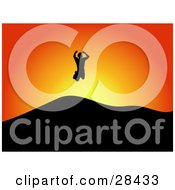 Clipart Illustration Of An Energetic Silhouetted Man Jumping Above Hills At Sunset by KJ Pargeter