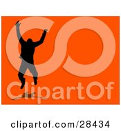 Poster, Art Print Of Happy Black Silhouetted Man Jumping With A Shadow Over An Orange Background