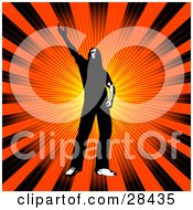 Poster, Art Print Of Black Silhouetted Man Holding His Arm Up And Standing In Front Of An Orange And Black Bursting Background