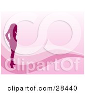 Clipart Illustration Of A Pink Silhouetted Woman Standing On A Wave Of Three Tones Of Pink
