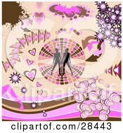 Clipart Illustration Of A Set Of Silhouetted Women On A Retro Circle Brown And Pink Arrows Bursts And Heart Design Elements