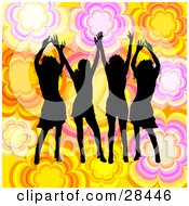 Poster, Art Print Of Four Black Silhouetted Women Dancing Over A Yellow White Orange And Pink Floral Background