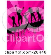 Five Black Silhouetted Women Dancing On A Dripping Grunge Bar Across A Bursting Pink Background