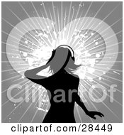 Clipart Illustration Of A Black Silhouetted Woman Wearing Headphones Standing Over A Background With Grunge Splatters And Bursts Over Gray