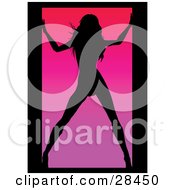 Clipart Illustration Of A Sexy Black Silhouetted Woman Posing In A Doorway Over A Pink Background