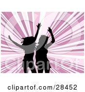 Clipart Illustration Of Two Black Silhouetted Women Dancing Over A Background Of Pink And White Bursts