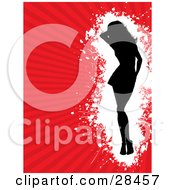Poster, Art Print Of Black Silouetted Woman Standing Over A White Grunge Space On A Bursting Red Background