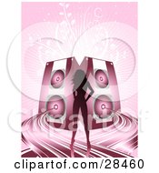 Clipart Illustration Of A Gradient Pink Silhouetted Woman Standing On Sound Waves In Front Of Two Speakers Over A Pink Background With White Vines