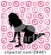 Clipart Illustration Of A Sexy Black Silhouetted Woman Crawling On A Pink Retro Circle Background
