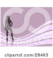 Clipart Illustration Of A Silhouetted Woman In Heels Standing Over A Pink Background With Waves Along The Bottom