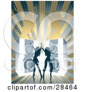 Poster, Art Print Of Two Blue Silhouetted Women Dancing In Front Of Giant Blue Speakers Over A Bursting Brown And Blue Background With Brown Female Silhouettes