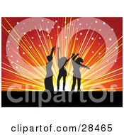 Poster, Art Print Of Three Black Silhouetted Women Dancing Over A Bursting Orange And Red Background With Scattered White Stars
