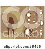 Poster, Art Print Of Brown Silhouetted Woman Dancing Over A Retro Brown Background With Strings Of White Circles
