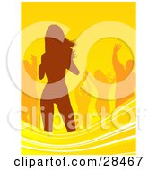 Poster, Art Print Of Orange Silhouetted People Dancing Over A Yellow Background With Waves Along The Bottom