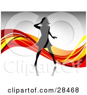 Poster, Art Print Of Black Silhouetted Woman Wearing Headphones And Dancing Over A Gray Background With Waves Of Orange Red And Yellow