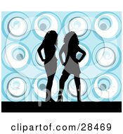 Poster, Art Print Of Two Black Silhouetted Women Standing Over A Retro Blue Background