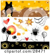 Poster, Art Print Of Set Of Hearts Bursts Arrows Splatters Film Strips Golf Palm Trees And Women Design Elements