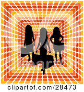 Clipart Illustration Of Three Black Silhouetted Women Carrying Shopping Bags Over A Retro Orange Red And Yellow Square Patterned Background by KJ Pargeter