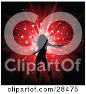 Poster, Art Print Of Silhouetted Black Woman Dancing Over A Bursting Red Background With White Sparkles And Stars